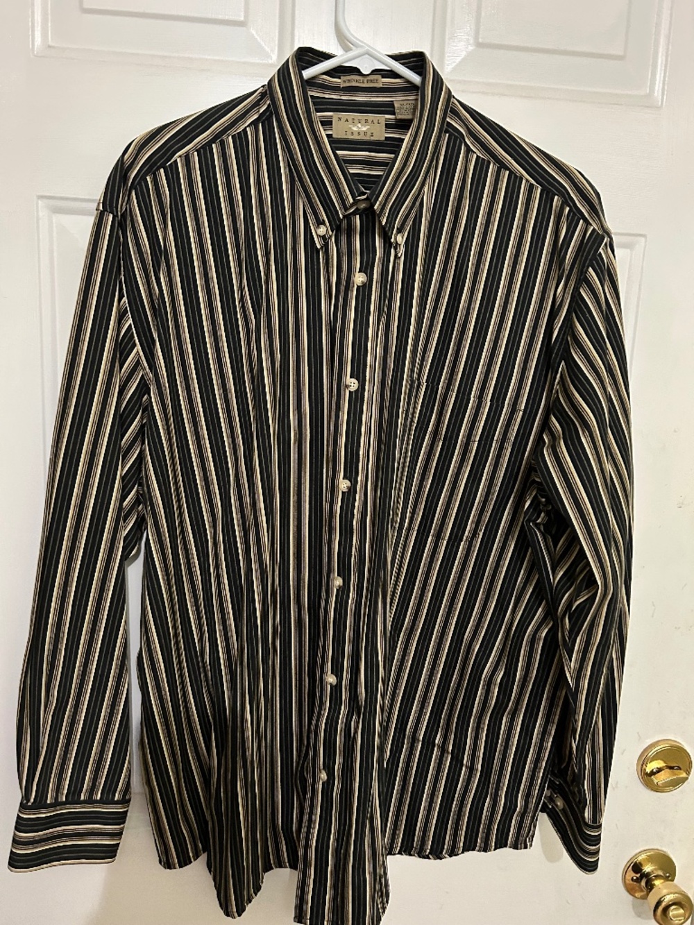 Natural Issue Long Sleeve Dress Shirt, XL, Black w/tan, gray and white stripes